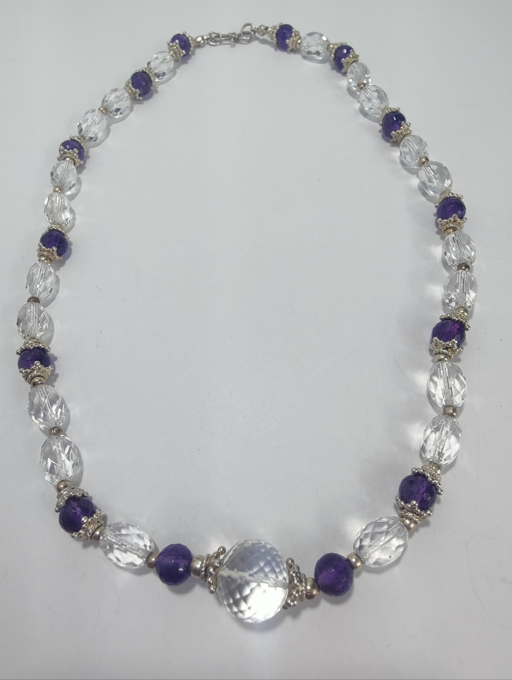 Vintage Amethyst & Crystal Beaded Necklace 21” Artisan S-Hook Clasp Elegant